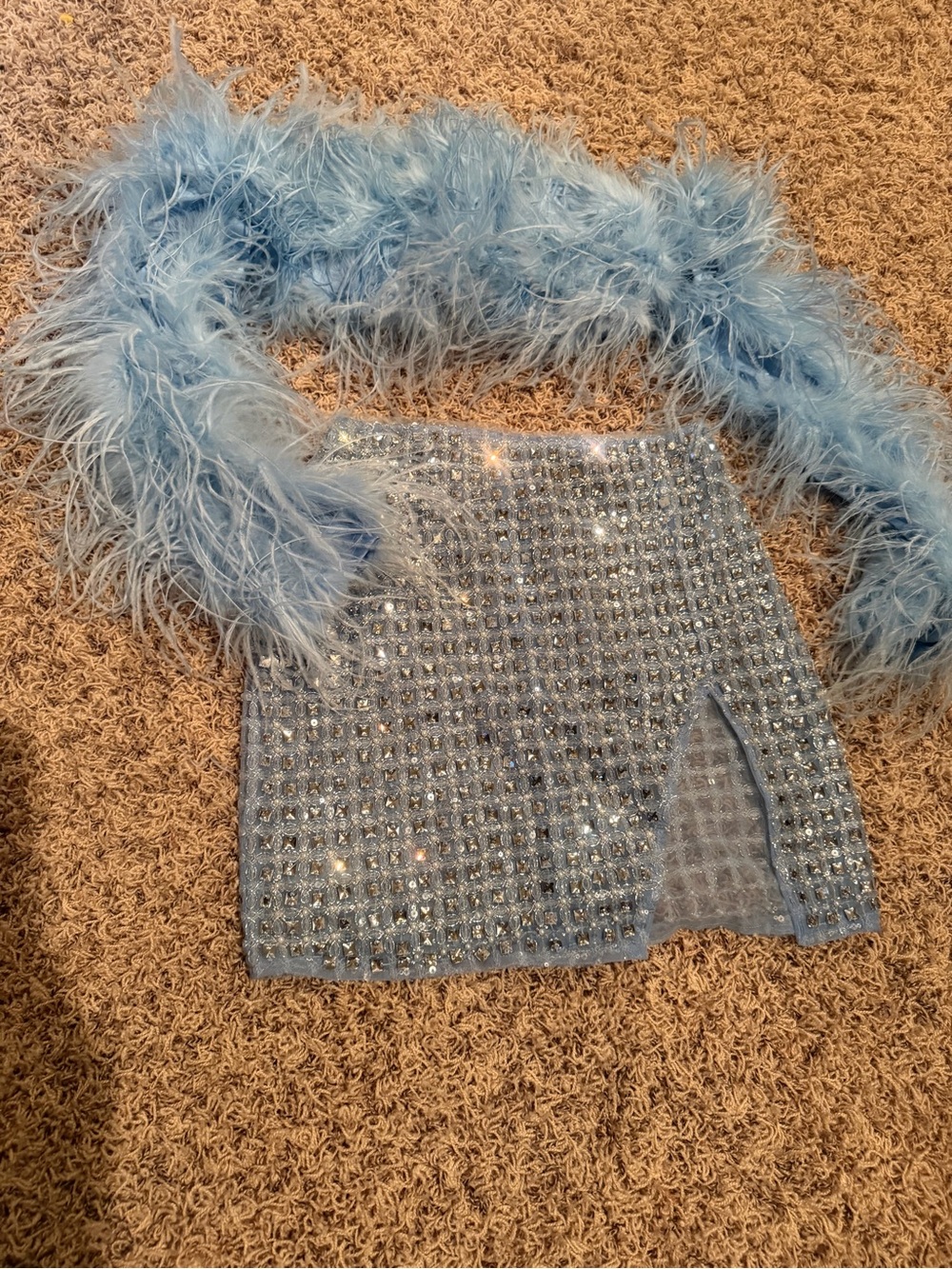 Blue Feather Trim Rhinestone Mini Skirt - Women's Accessory